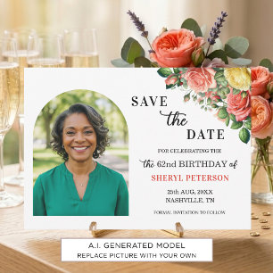 Elegant Floral Photo 62nd Birthday Party Save The Date