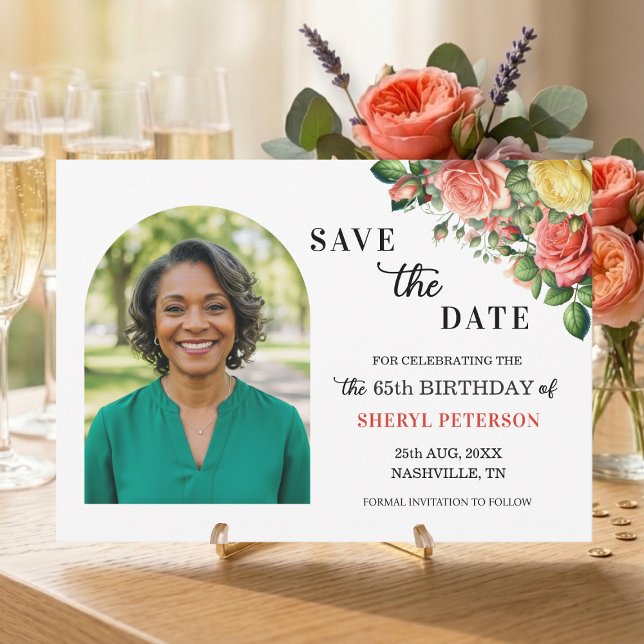 Elegant Floral Photo 65th Birthday Party  Save The Date (Creator Uploaded)