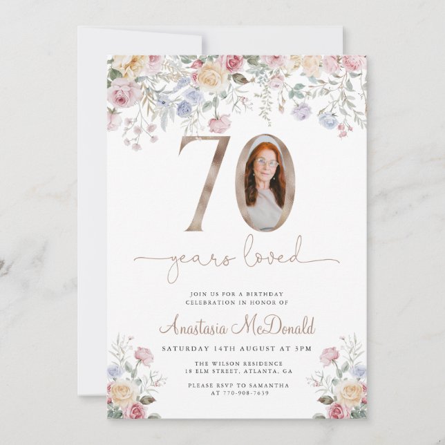 Elegant Floral Photo 70th Birthday Invitation (Front)