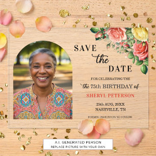 Elegant Floral Photo 75th Birthday Save the Date Acrylic Invitations