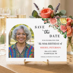 Elegant Floral Photo 80th Birthday Party Save The Date