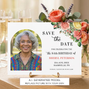 Elegant Floral Photo 84th Birthday Party Save The Date