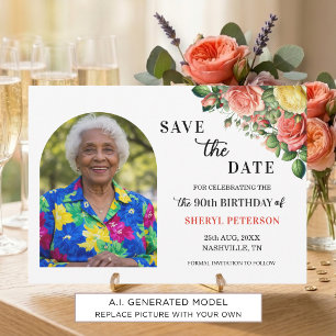 Elegant Floral Photo 90th Birthday Party Save The Date