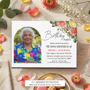 Elegant Floral Photo 90th Birthday Party  Save The Date
