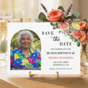 Elegant Floral Photo 90th Birthday Party  Save The Date