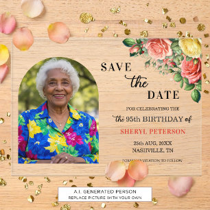 Elegant Floral Photo 95th Birthday Save the Date Acrylic Invitations