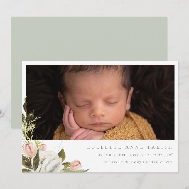Elegant Floral Photo Birth Announcement (Front/Back)