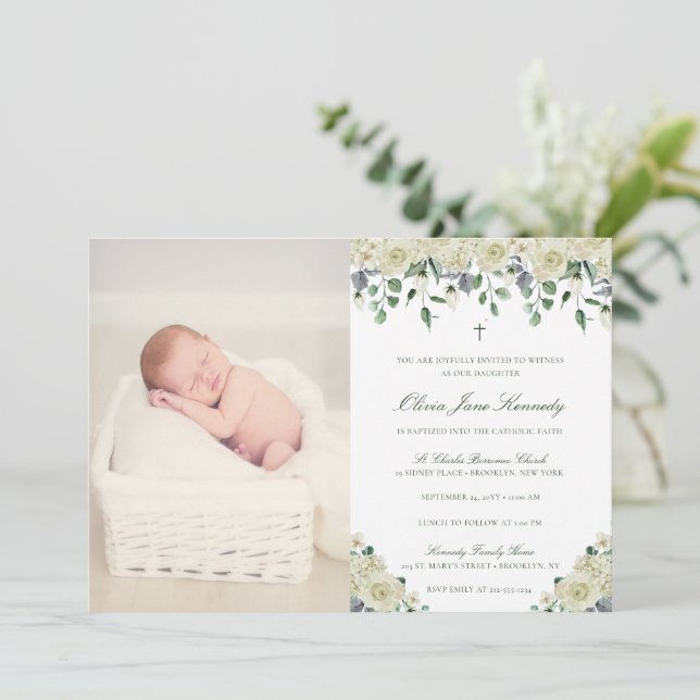 Elegant Floral & Photo Catholic Baptism Invitation (Standing Front)