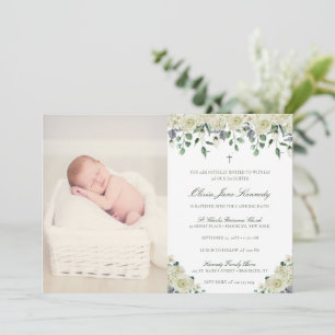 Elegant Floral & Photo Catholic Baptism Invitation
