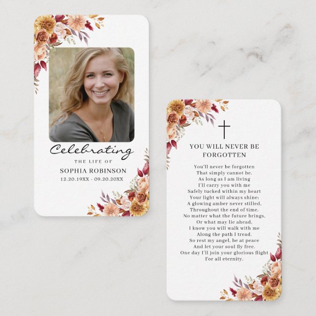 Elegant Floral Photo Funeral Memorial Prayer Card (Front/Back)