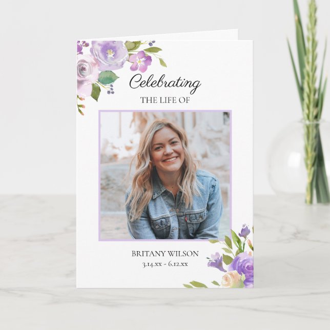 Elegant Floral Photo Funeral Memorial Programme (Front)