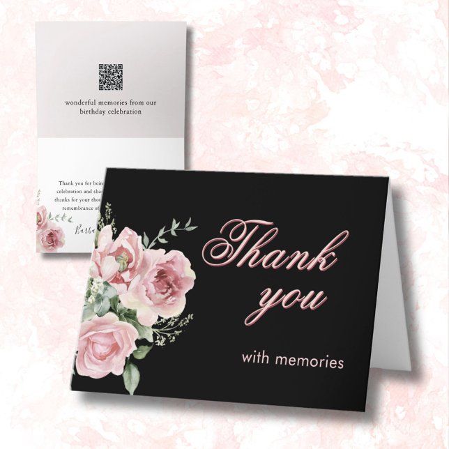 Elegant Floral Photo QR Link Any Year Birthday  Thank You Card (Creator Uploaded)