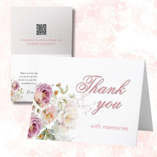 Elegant Floral Photo QR Link Any Year Birthday Thank You Card