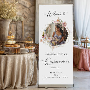 Elegant floral photo Quinceanera Welcome Retractable Banner