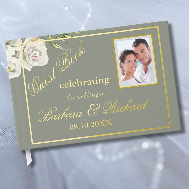 Elegant Floral Photo Sage Green Wedding Gold Foil  Guest Book (Creator Uploaded)