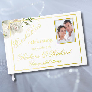 Elegant Floral Photo Wedding Reception Gold Foil Guest Book
