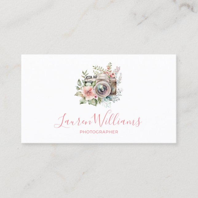 Elegant Floral Photography Camera Business Card (Front)