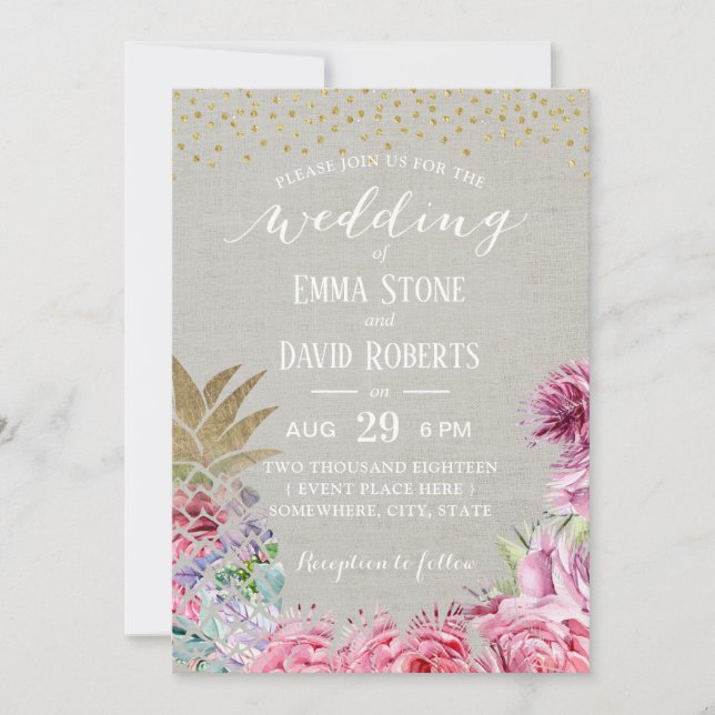 Elegant Floral Pineapple Tropical Wedding Party Invitation (Front)