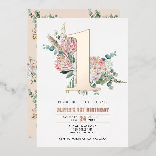 Elegant Floral Pink 1st Birthday Invitation Foil I