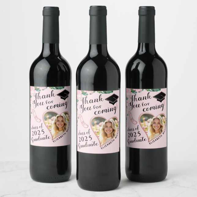 Elegant Floral Pink 2025 Thank You Graduation Wine Label (Bottles)