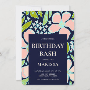 Elegant Floral pink and blue Birthday Bash Invitation