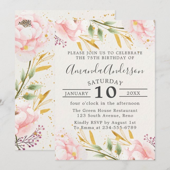 Elegant Floral Pink And Gold 75th Birthday Invitation (Front/Back)