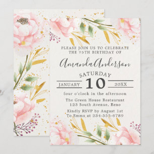 Elegant Floral Pink And Gold 75th Birthday Invitation