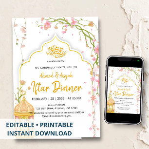 Elegant Floral Pink and Gold Iftar Dinner Ramadan  Invitation