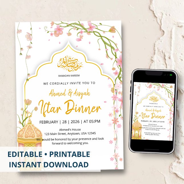 Elegant Floral Pink and Gold Iftar Dinner Ramadan  Invitation (Creator Uploaded)