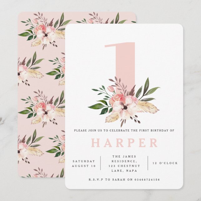 Elegant floral pink birthday party invitation (Front/Back)