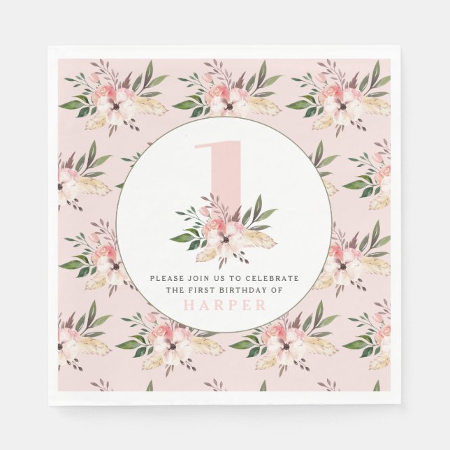 Elegant floral pink birthday party napkins (Front)