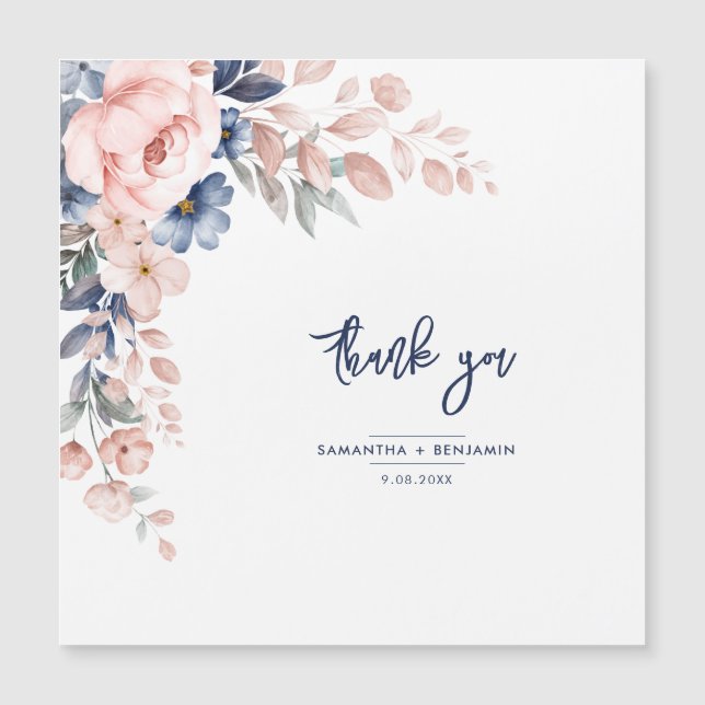 Elegant Floral Pink Blue Wedding Script Thank You (Front)