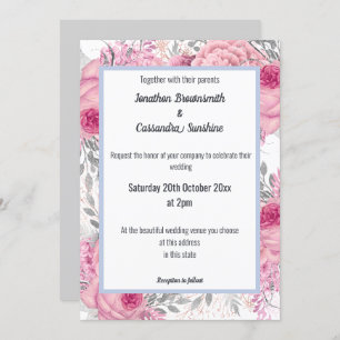 ELEGANT FLORAL PINK BLUE WHITE WEDDING INVITATION