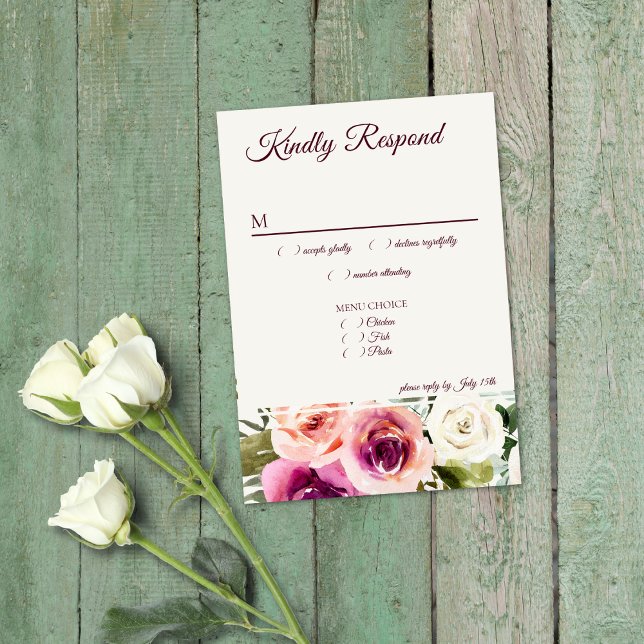 Elegant Floral Pink Blush Purple Peach Menu RSVP (Creator Uploaded)