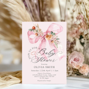 Elegant Floral Pink Bow Baby Shower Invitation