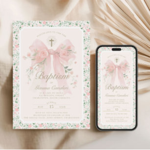 Elegant Floral Pink Bow Baptism Invitation