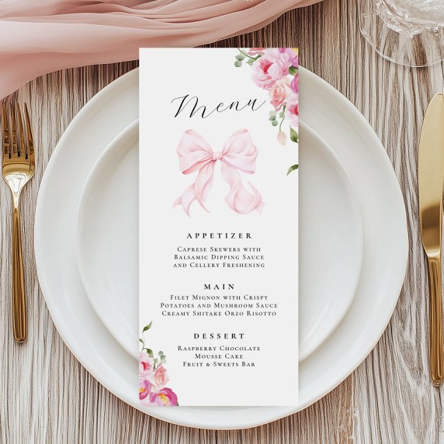 Elegant Floral Pink Bow Menu Invitation (Creator Uploaded)