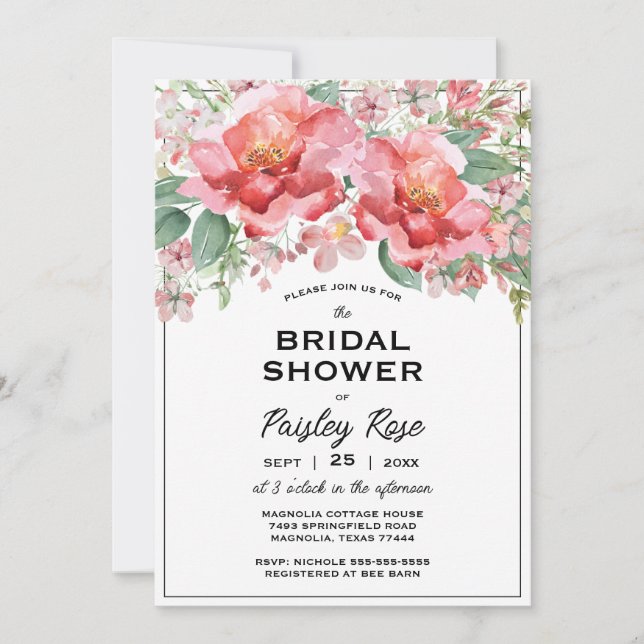 Elegant Floral Pink Bridal Shower Invitation (Front)