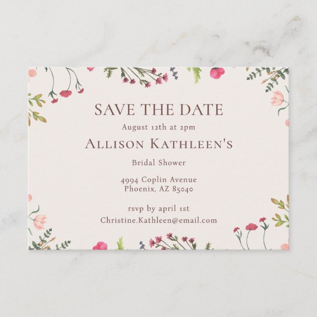 Elegant Floral Pink Bridal Shower Save The Date Enclosure Card (Front)