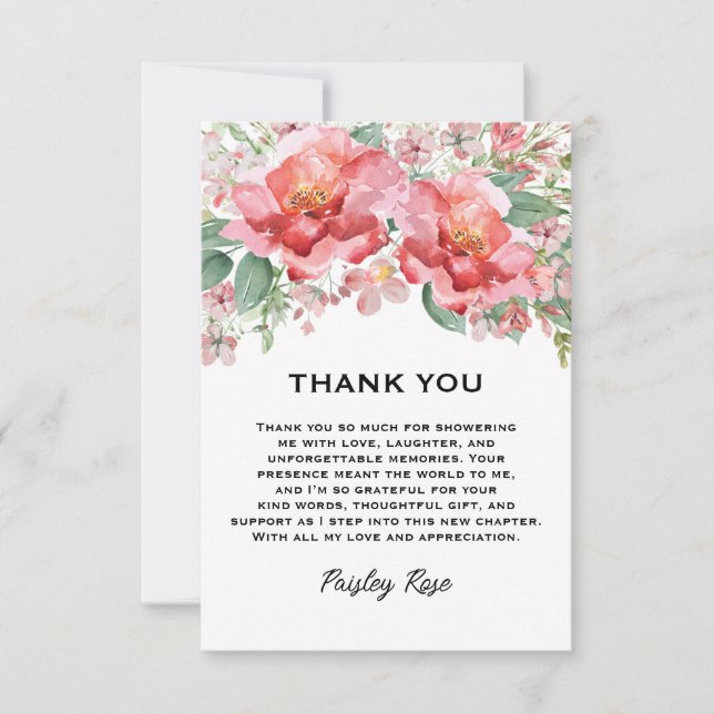 Elegant Floral Pink Bridal Shower Thank You Card (Front)