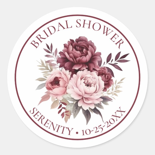 Elegant Floral Pink Burgundy Peony Bridal Shower Classic Round Sticker (Front)