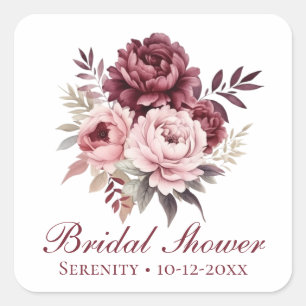 Elegant Floral Pink Burgundy Peony Bridal Shower Square Sticker