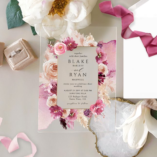 Elegant Floral Pink, Burgundy Watercolor Wedding Acrylic Invitations (Creator Uploaded)