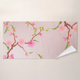 Elegant floral pink cherry blossom branches bath towel set