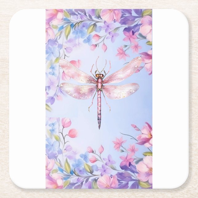 Elegant Floral Pink Dragonfly Paper Coaster (Front)