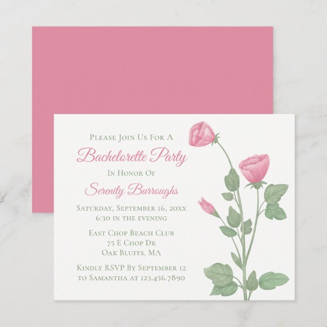 Elegant Floral Pink Flowers Bachelorette Party  Invitation (Front/Back)