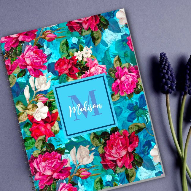 Elegant floral pink flowers blue pattern notebook (Creator Uploaded)