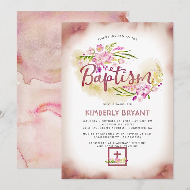 Elegant Floral Pink Girls Baptism Invitation (Front/Back)