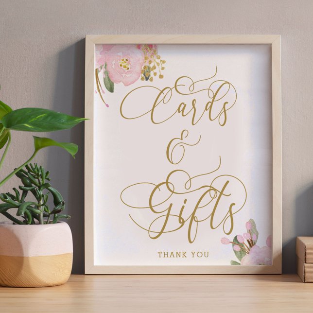 Elegant Floral Pink Gold Cards and Gifts Sign (Cards & Gifts Table Sign from my Pink and Gold Watercolor Floral Collection)
