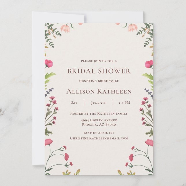 Elegant Floral Pink & Green Bridal Shower Invitation (Front)